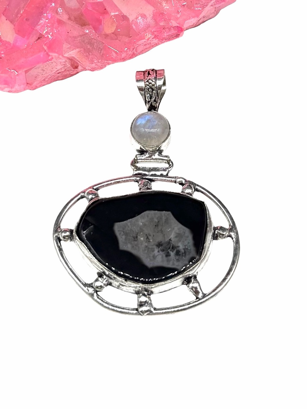 Black Solar Agate Rainbow Moonstone Necklace Pendant 925 Sterling Silver Overlay